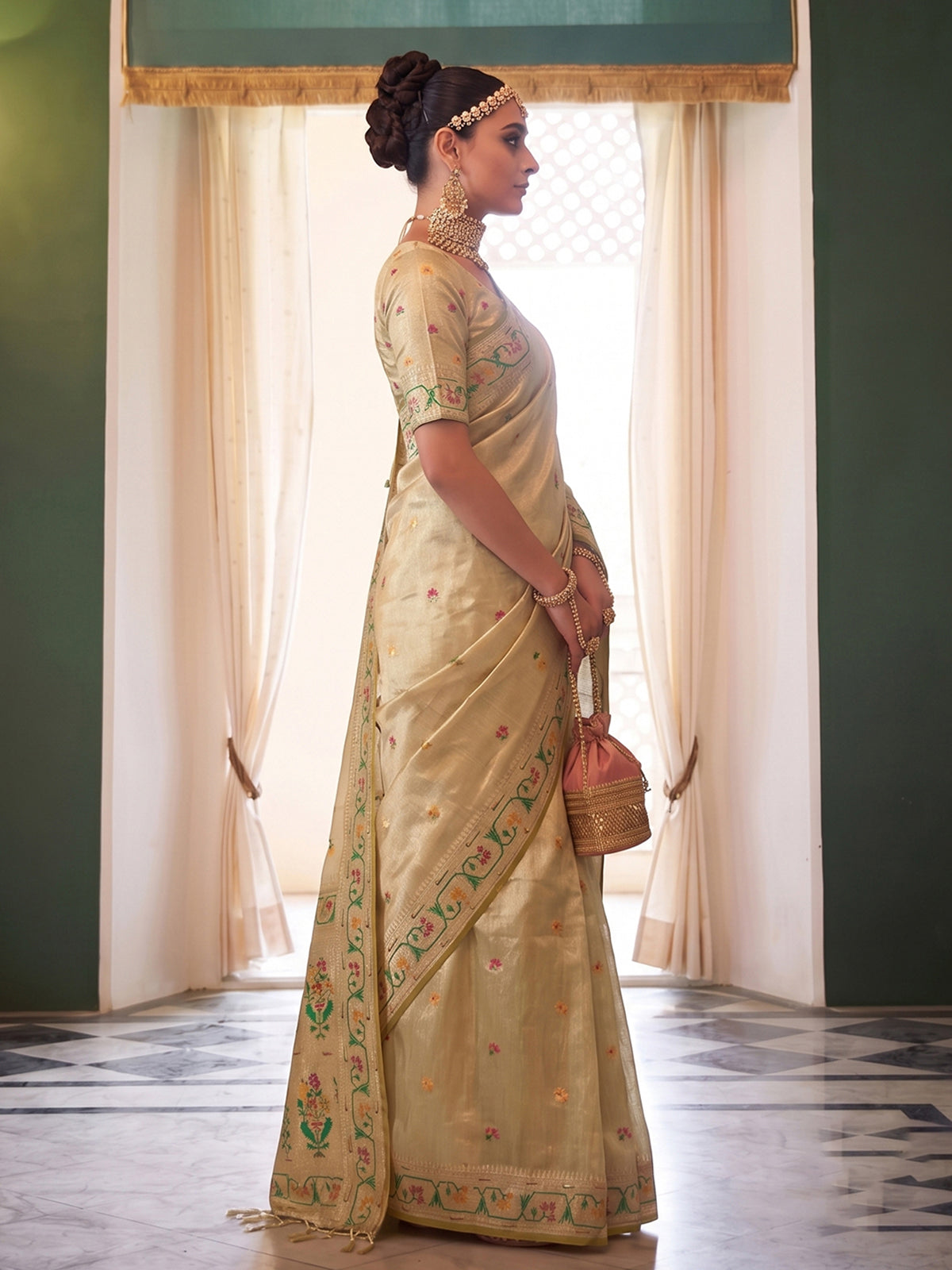 Cream heritage woven tissue silk saree