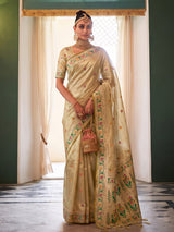 Cream heritage woven tissue silk saree