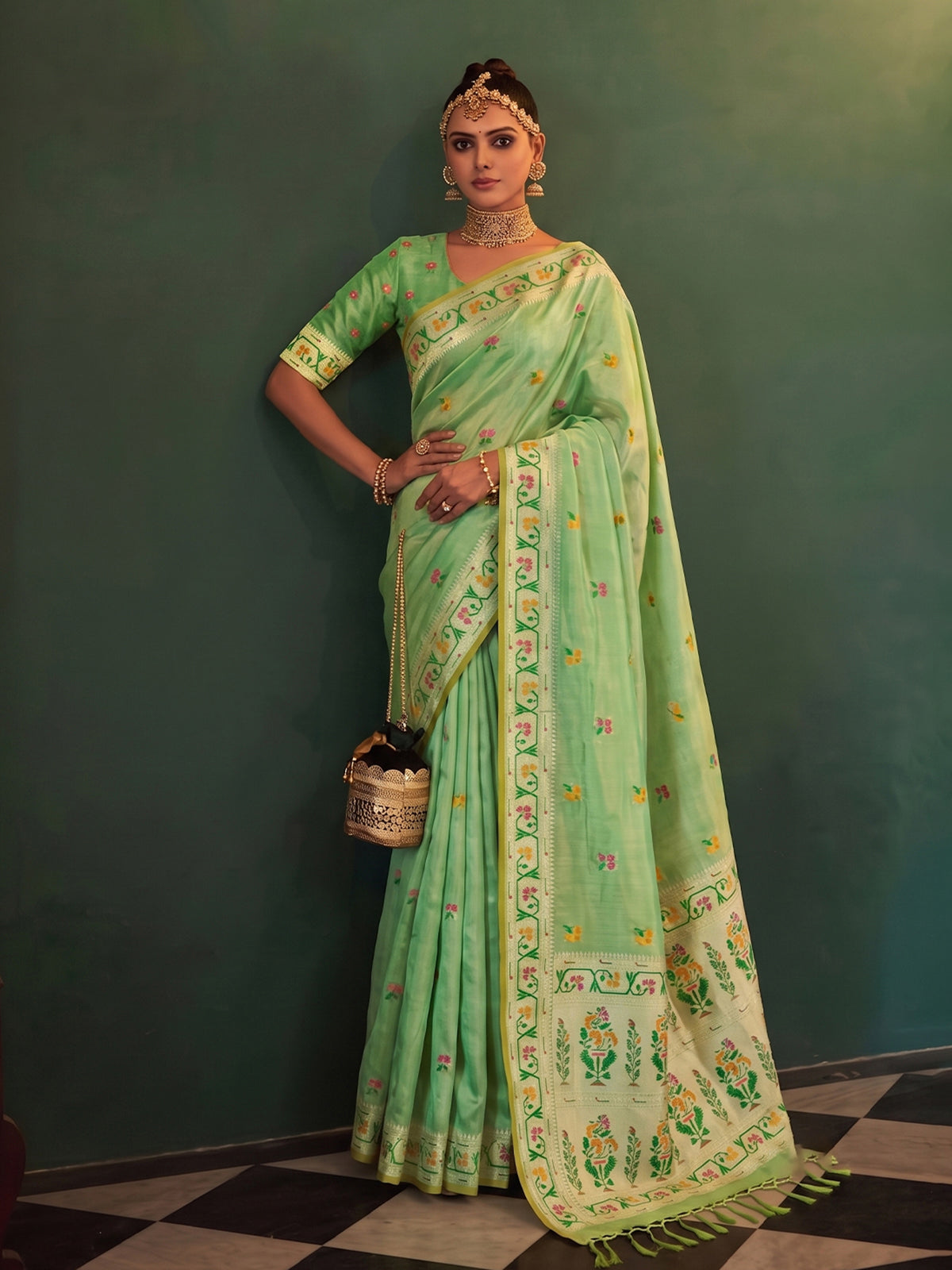 Green royal floral tissue silk saree