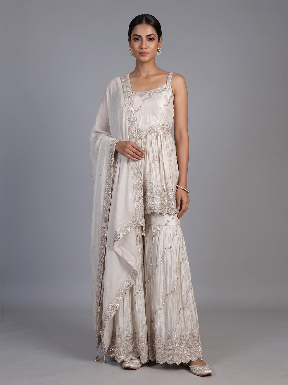 Cream embellished silk pakistani style sharara suit