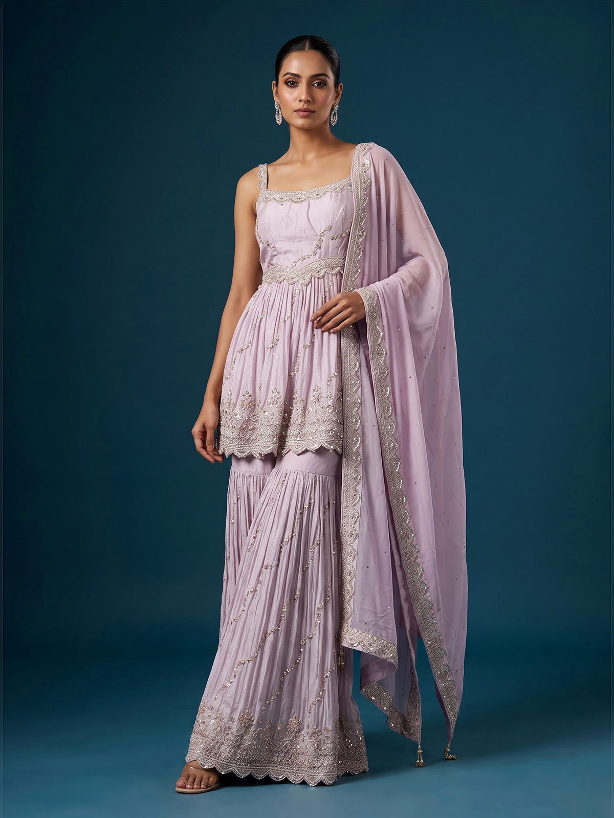 Pink embellished silk pakistani style sharara suit