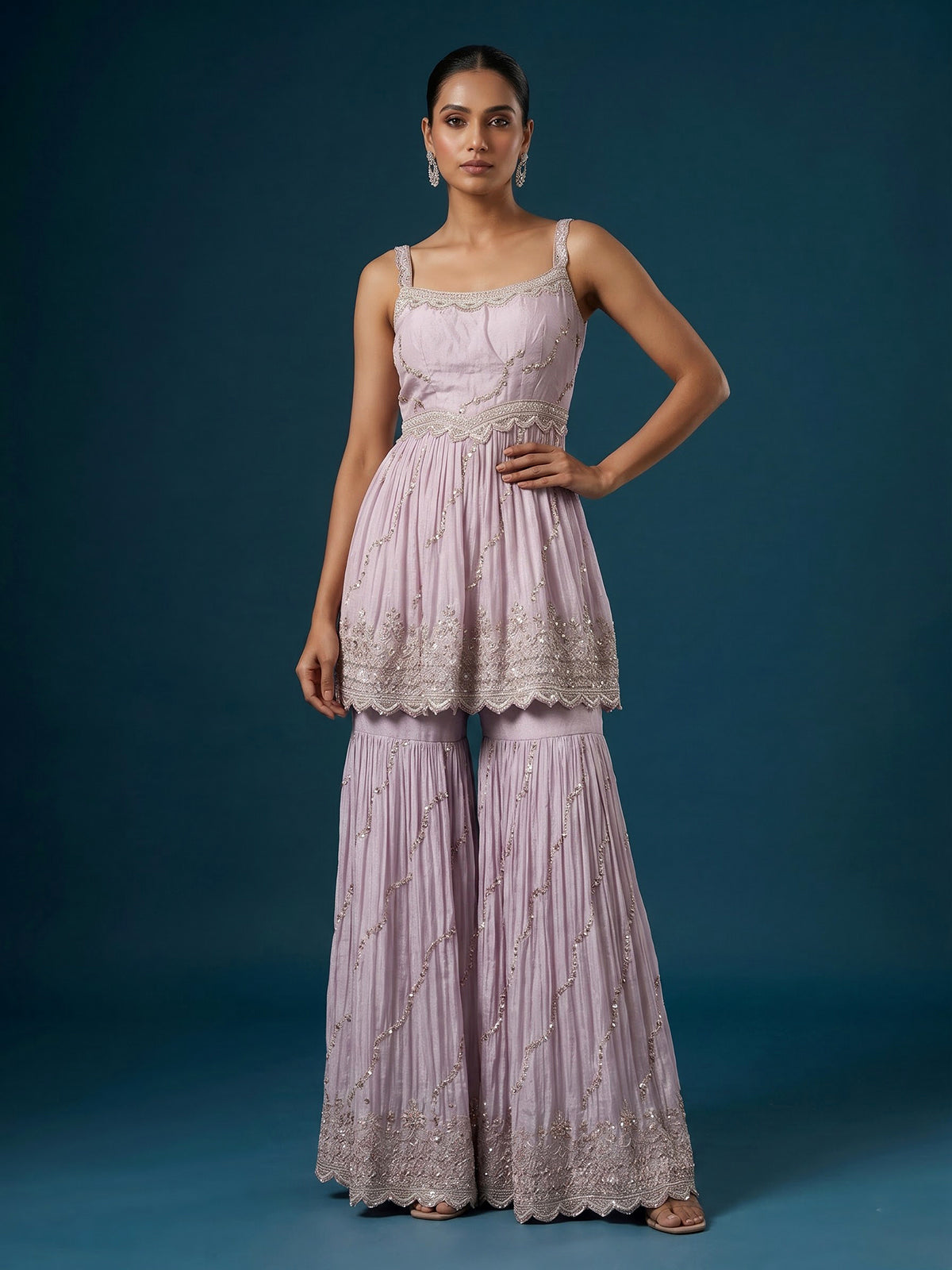 Pink embellished silk pakistani style sharara suit