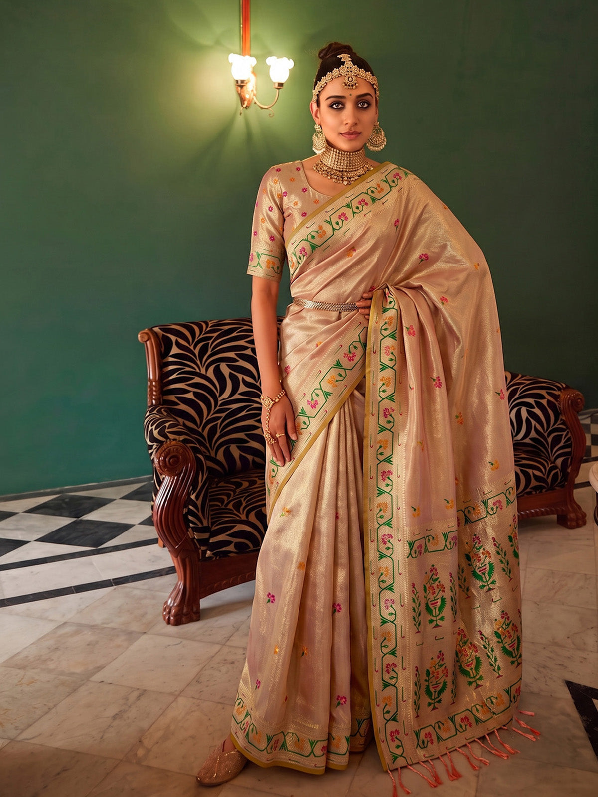 Pastel peach festive tissue silk saree