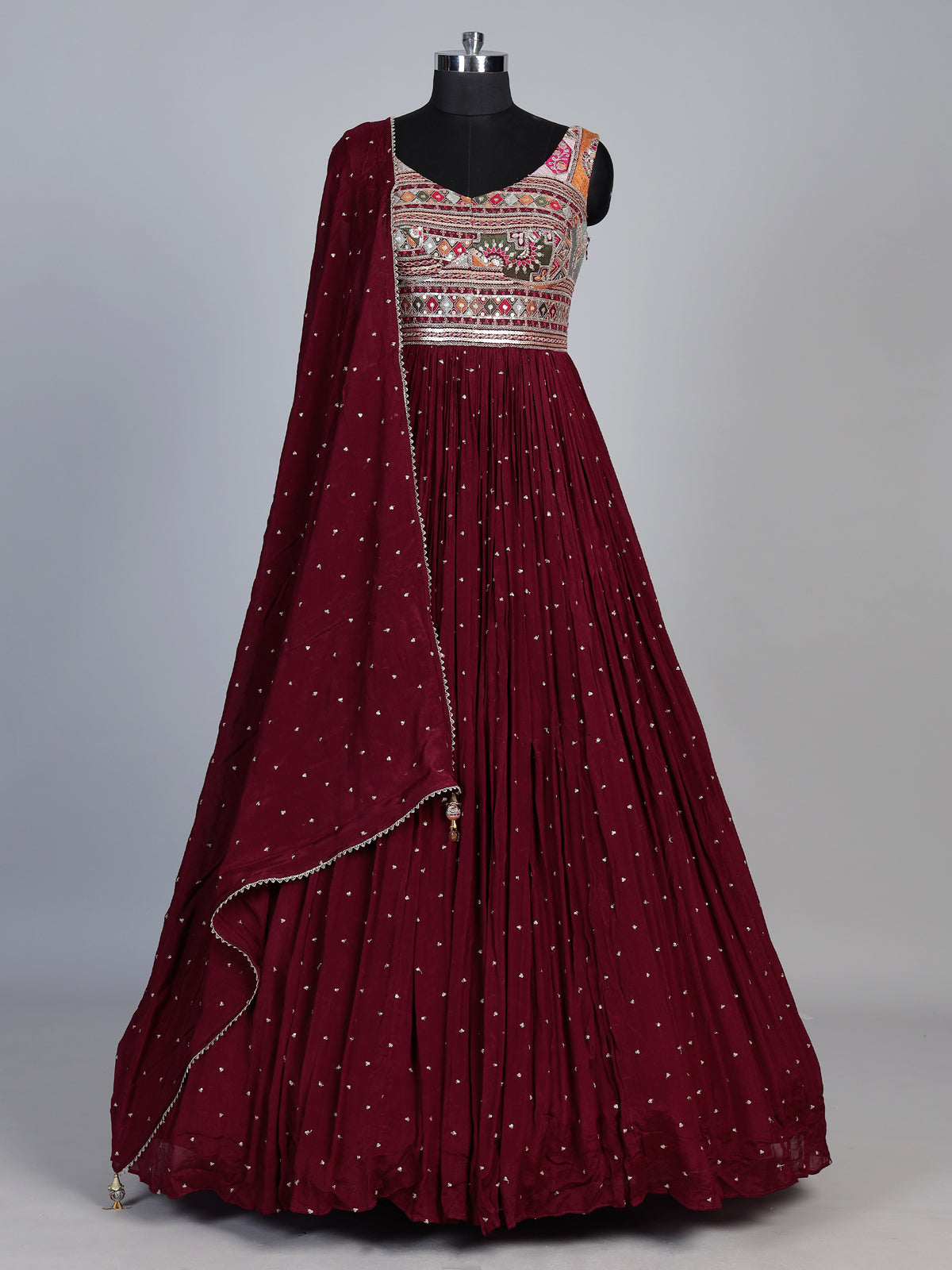 Maroon embroidered and sequins georgette anarkali suit