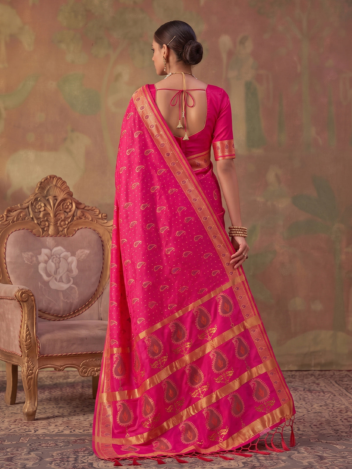 Pink zari woven women saree with unstitched blouse