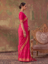 Pink zari woven women saree with unstitched blouse
