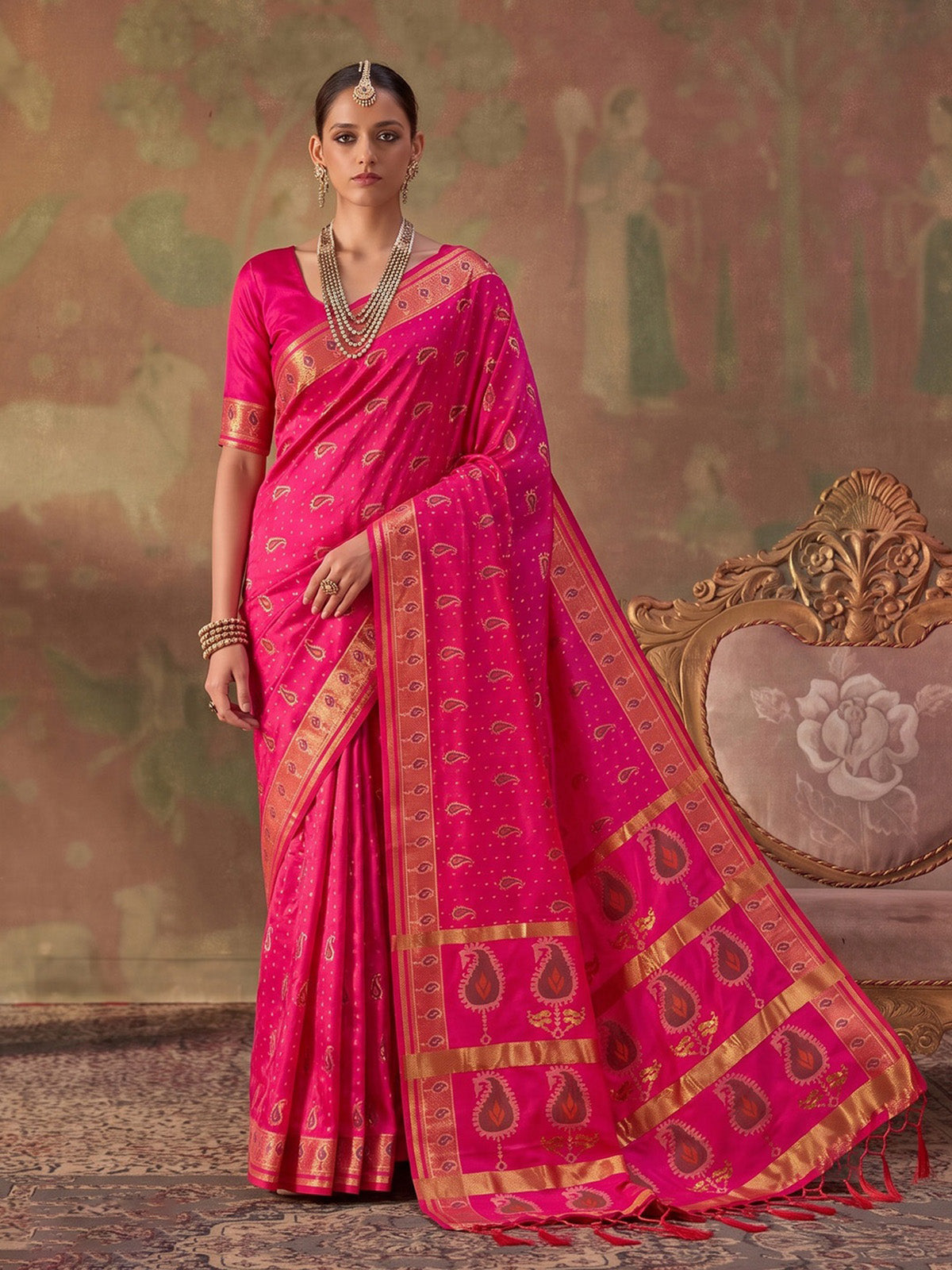 Pink zari woven women saree with unstitched blouse