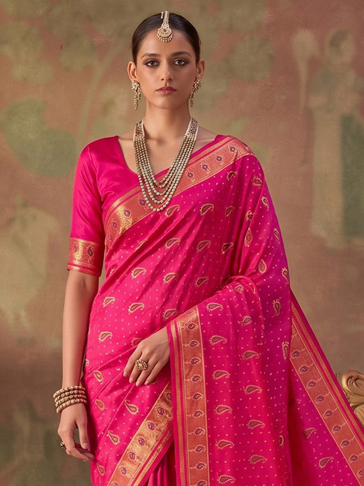 Pink zari woven women saree with unstitched blouse