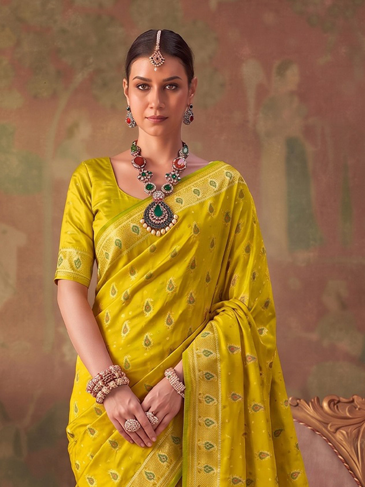 Yellow zari woven women saree with unstitched blouse