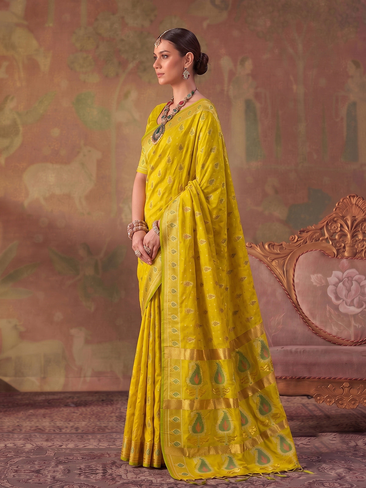 Yellow zari woven women saree with unstitched blouse
