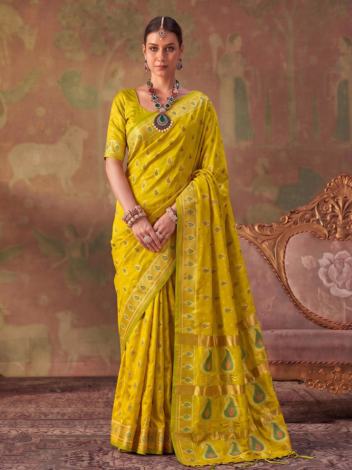 Yellow zari woven women saree with unstitched blouse