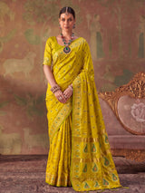 Yellow zari woven women saree with unstitched blouse