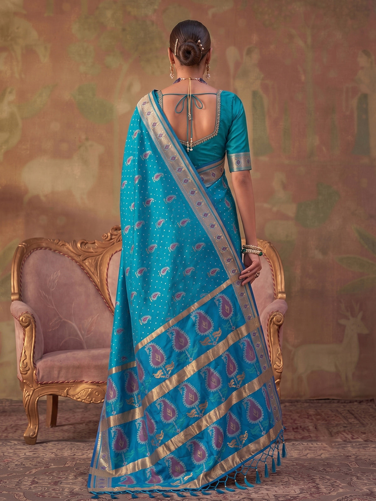 Blue zari woven women saree for festive celebration
