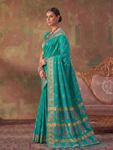 Aqua blue zari woven women saree with unstitched blouse
