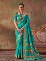 Aqua blue zari woven women saree with unstitched blouse
