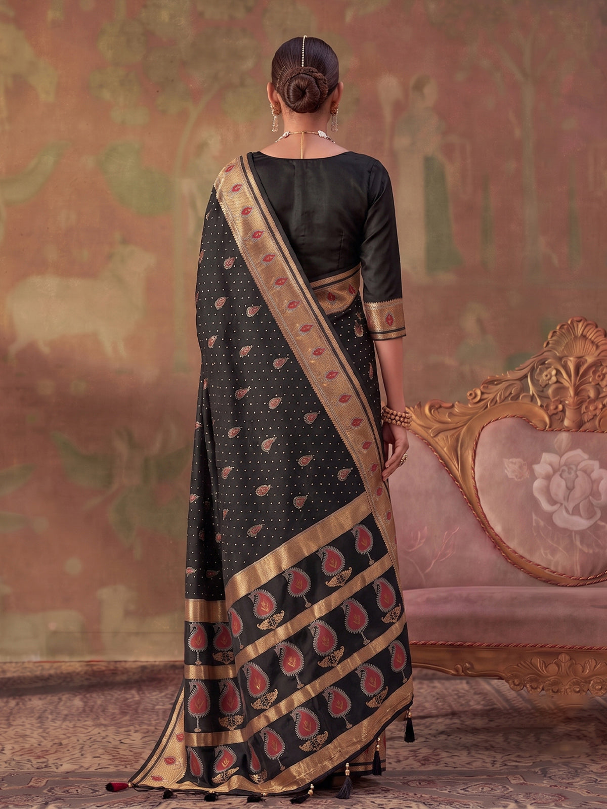 Black zari woven women saree with unstitched blouse