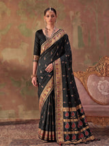 Black zari woven women saree with unstitched blouse