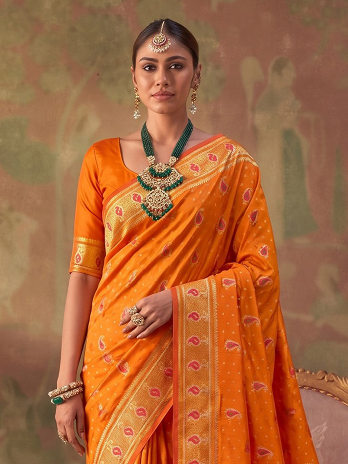 Orange zari woven women saree with unstitched blouse