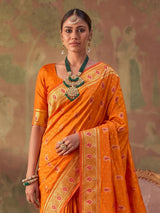 Orange zari woven women saree with unstitched blouse
