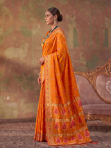 Orange zari woven women saree with unstitched blouse