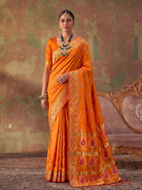 Orange zari woven women saree with unstitched blouse