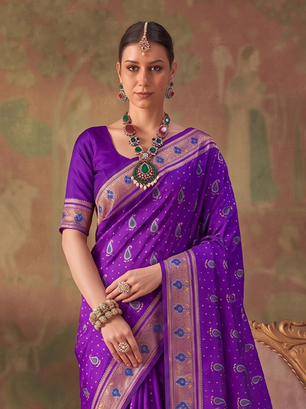 Purple zari woven women saree with unstitched blouse