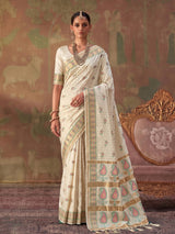Off white zari woven women saree with unstitched blouse
