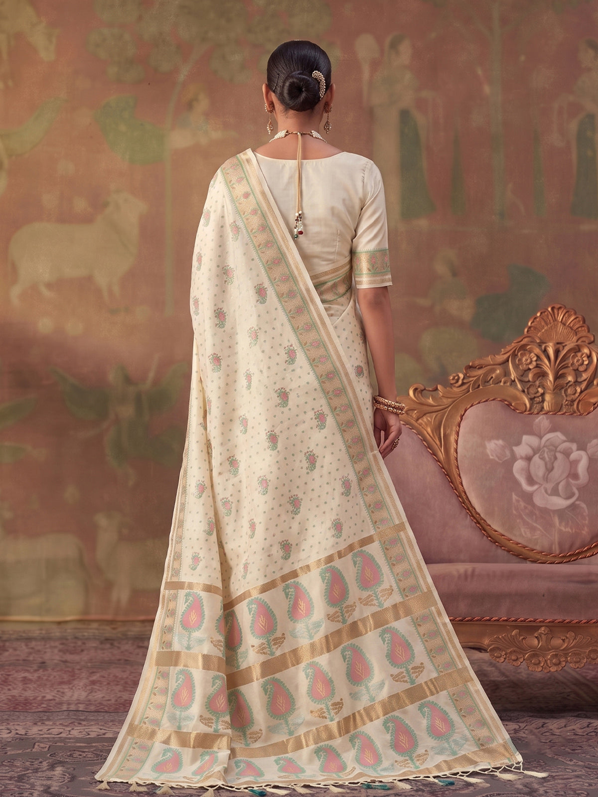 Off white zari woven women saree with unstitched blouse