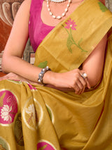 Mehendi yellow lotus printed women saree with unstitched contrast blouse
