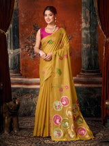 Mehendi yellow lotus printed women saree with unstitched contrast blouse