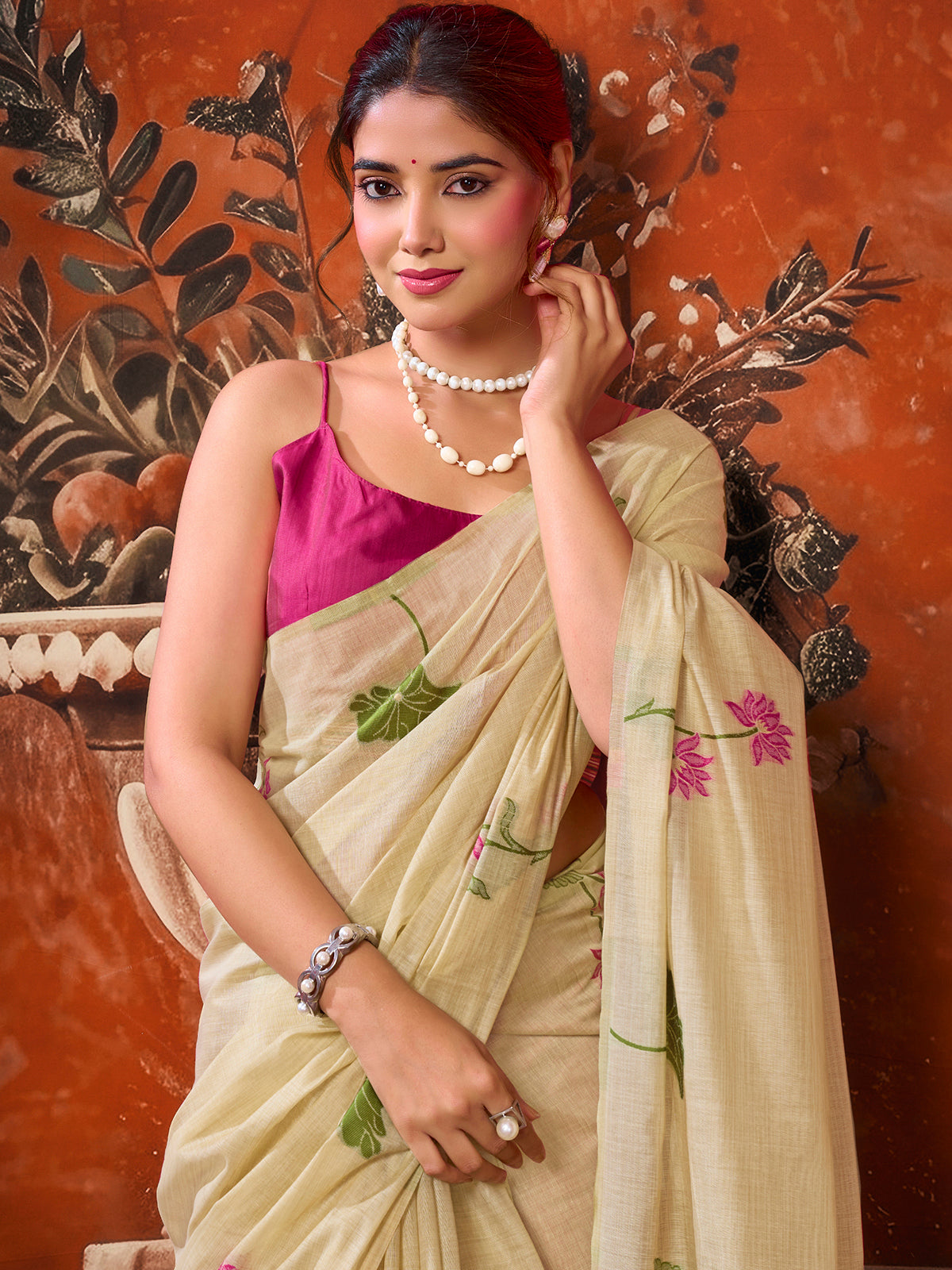 Cream lotus printed women saree with unstitched contrast blouse