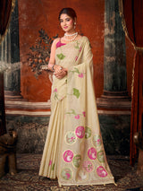 Cream lotus printed women saree with unstitched contrast blouse