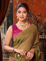 Olive lotus printed women saree with unstitched contrast blouse