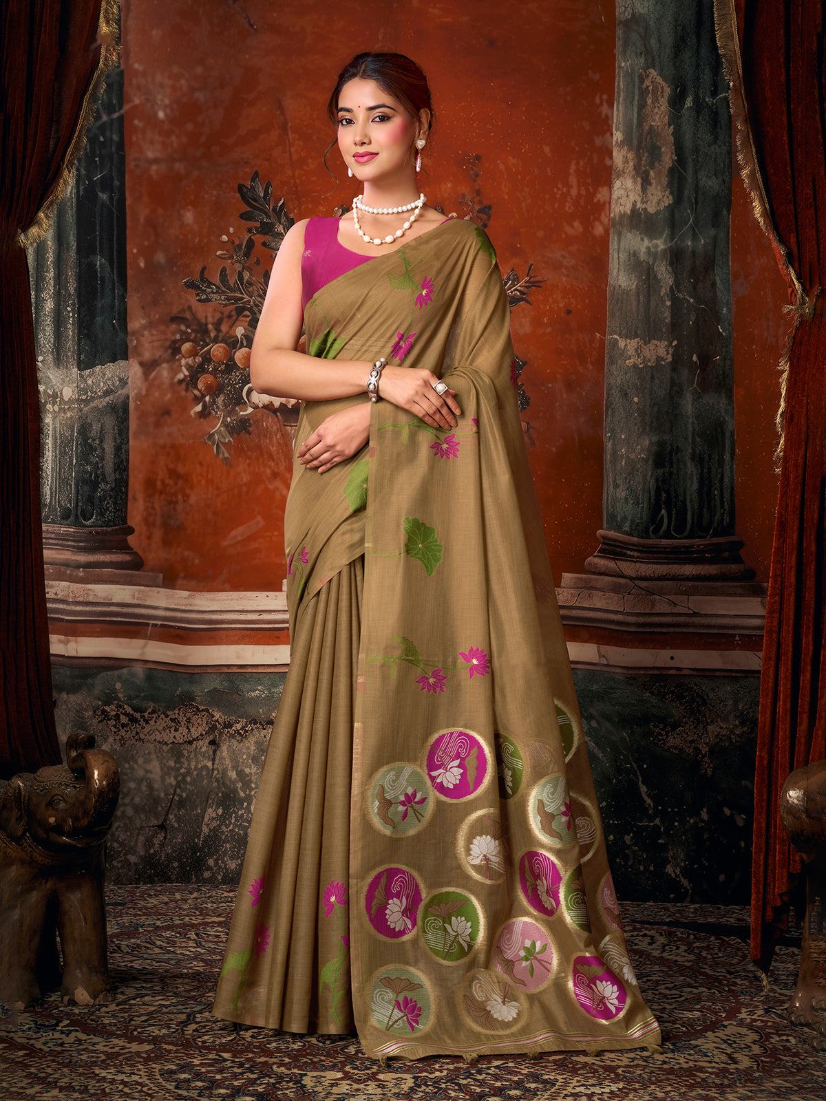 Olive lotus printed women saree with unstitched contrast blouse