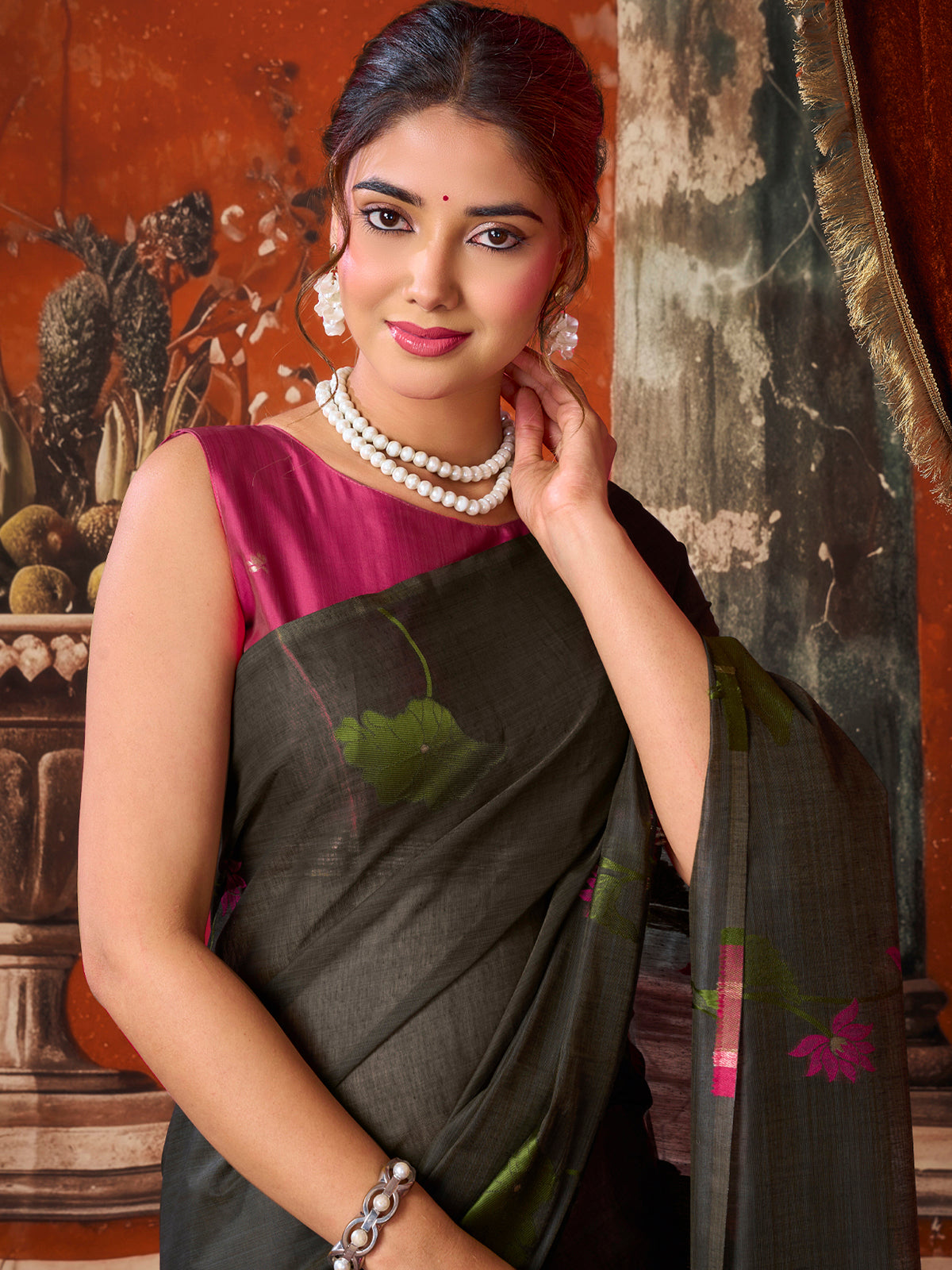 Black lotus printed women saree with unstitched contrast blouse