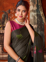 Black lotus printed women saree with unstitched contrast blouse