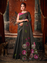 Black lotus printed women saree with unstitched contrast blouse