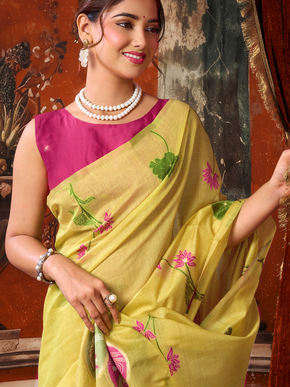 Lime yellow lotus printed saree with unstitched contrast blouse