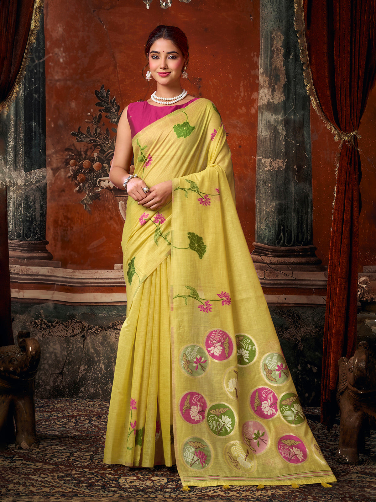Lime yellow lotus printed saree with unstitched contrast blouse