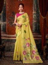 Lime yellow lotus printed saree with unstitched contrast blouse