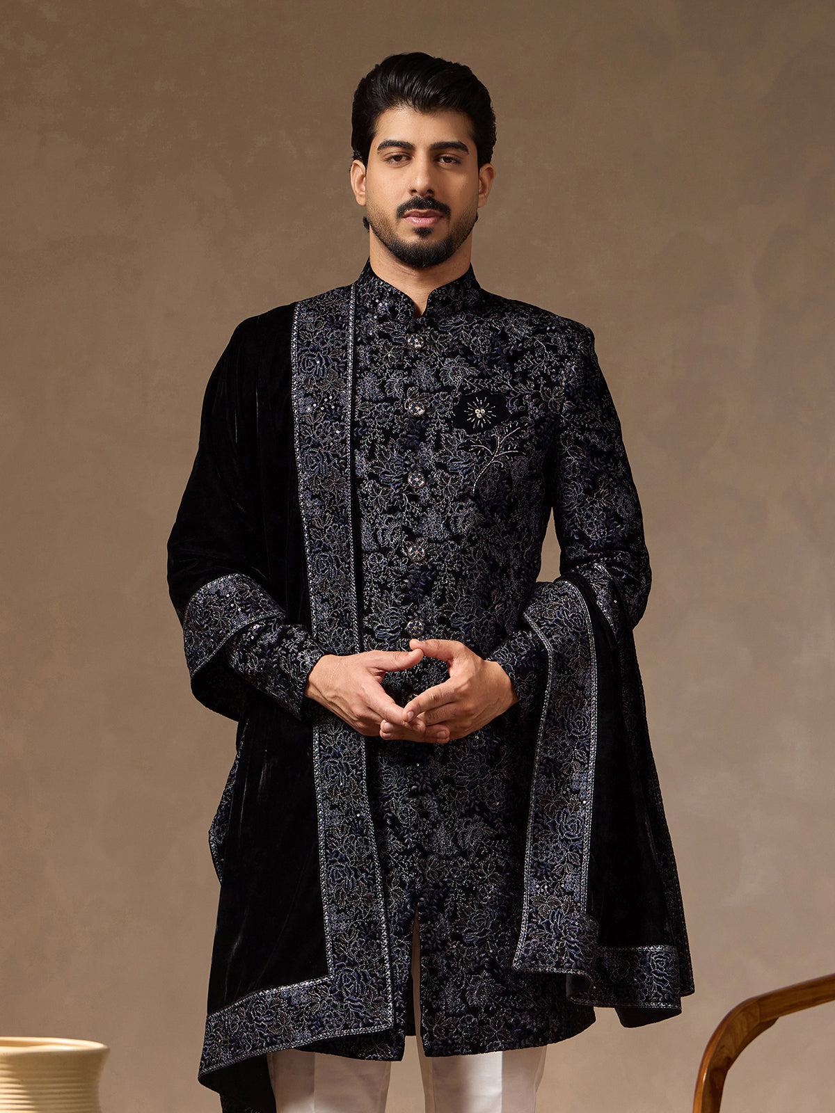 Midnight blue velvet silk mens Indo western