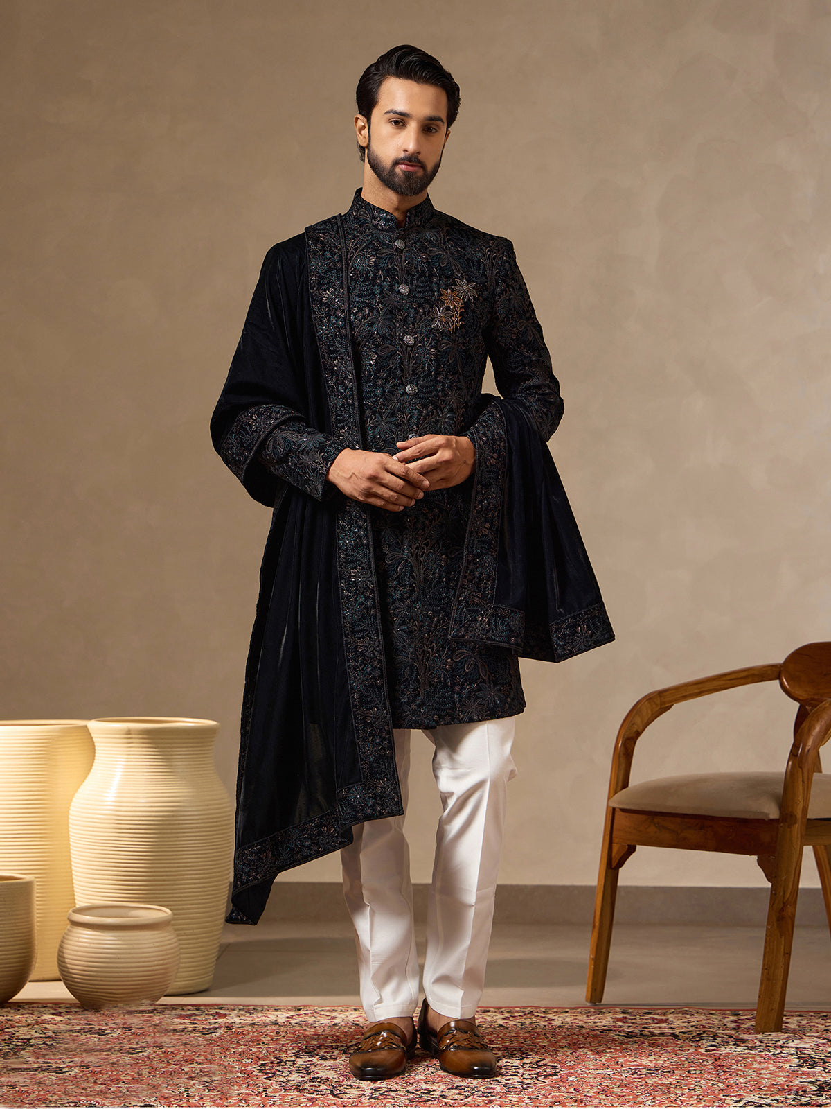 Deep rama green silk mens Indo western