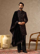 Black velvet mens floral embroidered Indo western