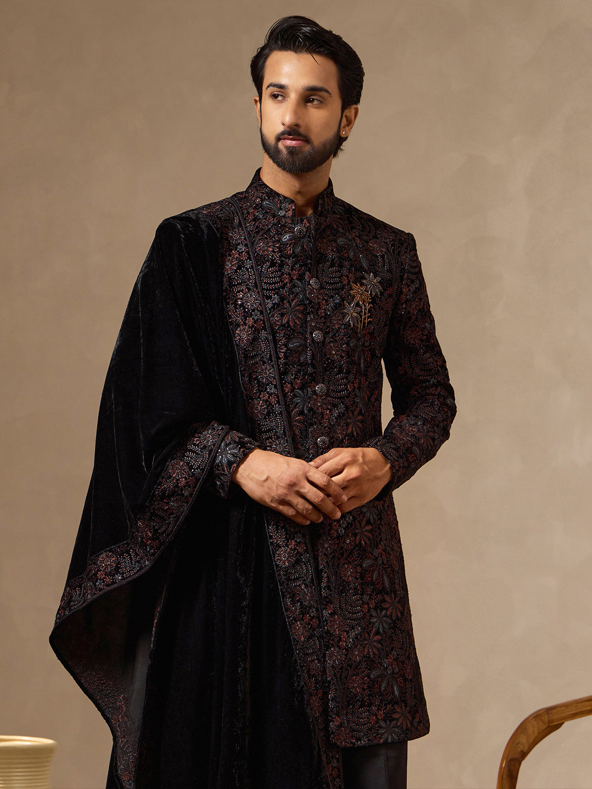 Black velvet mens floral embroidered Indo western