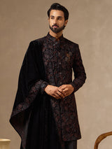Black velvet mens floral embroidered Indo western