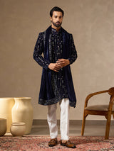 Navy blue velvet mens geometric Indo western