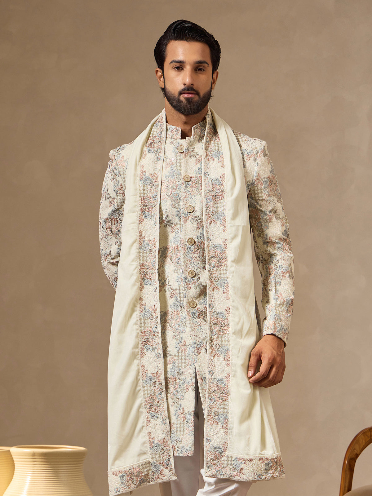 Cream art silk mens floral Indo western