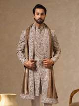 Khaki brown silk mens paisley Indo western