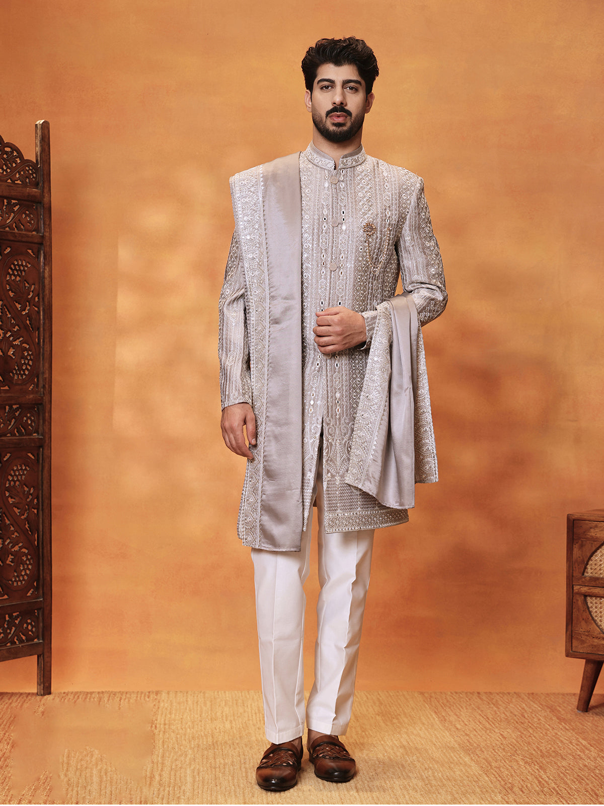 Grey silk mens aabla embroidered Indo western