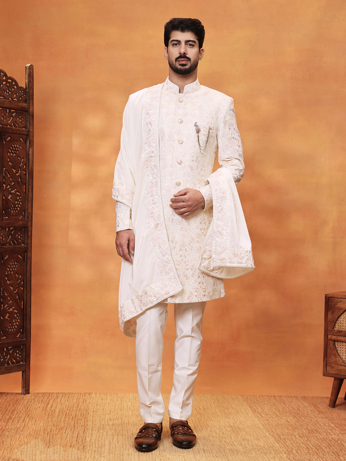 Off white silk mens floral Indo western